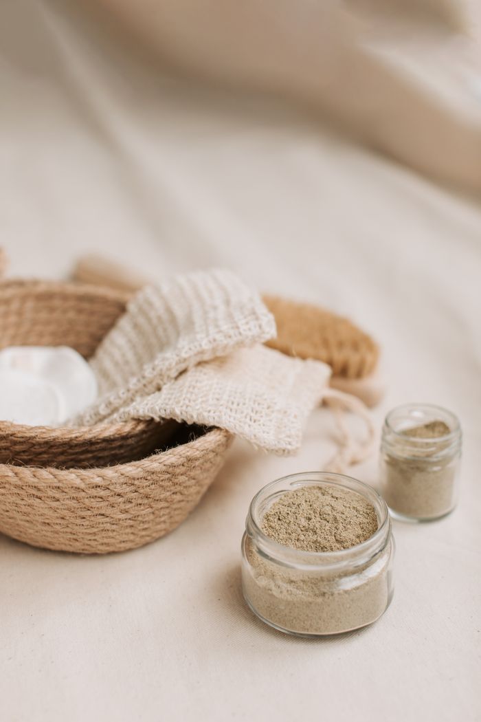 Elegant display of natural skincare products on a soft, neutral background.